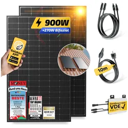 Balkonkraftwerk 900W/800W Solaranlage mit Dach Halterung (Einzelmontage) Halterung Steckerfertig WIFI Komplettset Photovoltaik Anlage 800W, Kabellänge: 10m