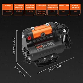 Vevor 12V Auto-Kompressor 150PSI Luftkompressor 3,5CFM(100L/Min) Auto Reifenfüller mit Wärmeschutz Luftpumpe inkl. 3m Netzkabel und 5,5m Luftschl...
