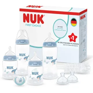 NUK First Choice Perfect Start Babyflaschen Geschenkset für Neugeborene|0–6 Monate 4 x Anti-Kolik-Trinkflaschen (150 ml, 300 ml), 2 x Sauger, 1 x First Choice Schnuller, 1 x Flaschenbürste|Wal|8 Stück