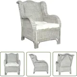 Sessel Mit Kissen Grau Natürliches Rattan Und Leinen - Rattenstuhl - Gartenstuhl - Lounge Chair - Sitzgelegenheit - Wohnzimmersofa - The Living Store
