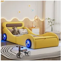 Merax Autobett 90x200cm mit LED Rädern (1-tlg), Polsterbett Kinderbett Jugendbett Einzelbett mit Stauraum, Kunstleder gelb