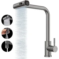 Qiedie - Edelstahl-Wasserfall-Küchenarmatur, herausziehbarer Spültischarmatur mit 3-Modus-Sprüher, moderner Einloch-Spültischarmatur aus Edelstahl, 1