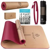 KESSER KESSER® Yogamatte Kork Inkl. Tragegurt Tasche & Yoga-Block Gymnastikmatte Yoga Matte rutschfest aus Naturkautschuk TPE Fitnessmatte, 183 x 62 Trainingsmatte für Fitness Sportmatte, Gymnastik extradick