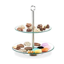Relaxdays Etagere, 2-stöckig, rund, Cupcakes, Kekse, Snacks, Obst, Glas, Edelstahl, Servierständer, transparent/silber,
