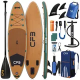 CFB SUP-Board Set 320x84x15 cm extra breit, Bis zu 160 kg, aufblasbar Stand Up Paddle Board, (iSUP Komplett-Set, 12 tlg., mit Alu Paddel, Pumpe, Rucksack, Leash, 5L Dry Bag und Schultergurt), Paddleboard aufblasbar für Anfänger & Erwachsene grün