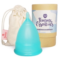 Femme Essentials Menstruationstasse - Diskret und Hygienische Menstruationskappe - aus medizinischem Silikon inkl. Satinbeutel und Deutscher Anleitung - Menstrual Cup - Blau (L)