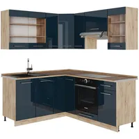 Vicco Küchenzeile, Dunkelblau, Honigeiche, Holzwerkstoff, L-Form,Quadratisch, 190x81.6x60 cm, Küchen, Eckküchen, Eckküchen ohne Geräte
