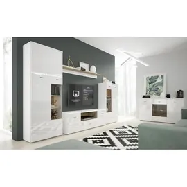 MID.YOU Anbauwand, Weiß, Eiche, Kunststoff, 12 Fächer, 1 Schubladen, 340x196x40 cm, Made in EU, Wohnzimmer, Wohnwände, Wohnwand-Sets