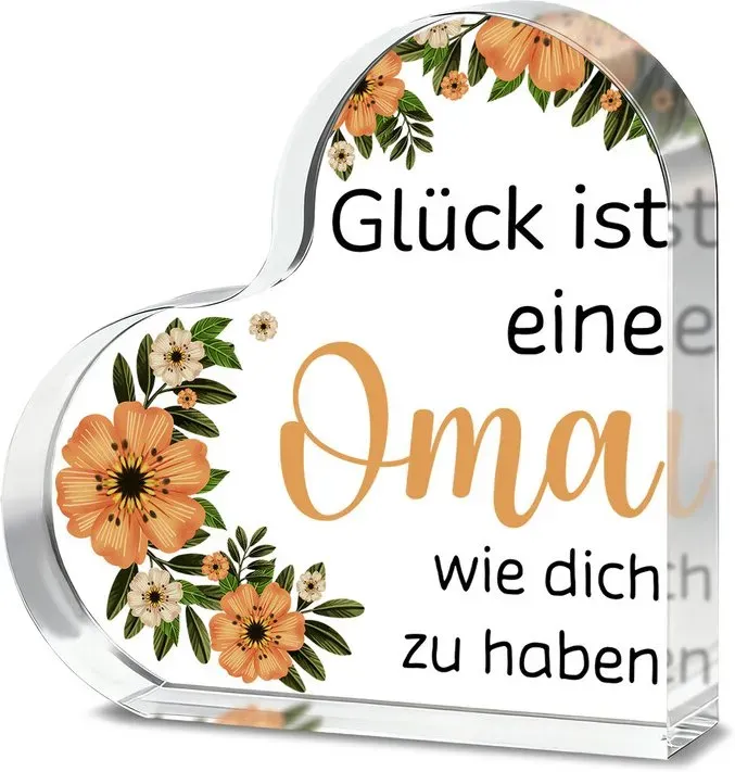 Alphynix 1 Stück herzförmige Kristall-Plakette mit dem Spruch „Glück ist eine Oma wie dich zu haben“, Oma-Geschenk mit orange-weißem Blumenmuster, herzerwärmendes Geschenk für die Großmutter von Enkeln, Oma-Geburtstagsgeschenk
