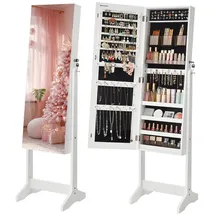 Merax SONGMICS Schmuckschrank, Spiegelschrank stehend, mit 2 separaten Make-up Organizern, rahmenloser Ganzkörperspiegel, abschließbar, für Ketten, Ohrringe, Schminke, weiß JJC002W01