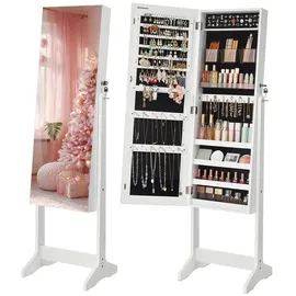Merax SONGMICS Schmuckschrank, Spiegelschrank stehend, mit 2 separaten Make-up Organizern, rahmenloser Ganzkörperspiegel, abschließbar, für Ketten, Ohrringe, Schminke, weiß JJC002W01