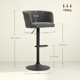 Homcom 2er-Set Barhocker, Bistrohocker mit Fußstütze, Drehbar Barstuhl, Höhenverstellbar Küchenhocker mit Leinenbezug, für Wohnzimmer, Esszimmer, Dunkelgrau Kunststoff, 59x110x53 cm, Barmöbel,