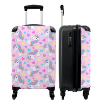 NoBoringSuitcases.com® Reisekoffer Kinder Mädchen Handgepäck Koffer Klein Hartschalenkoffer Pink - Mit Muster - Einhorn - Herz - 55x35x20cm