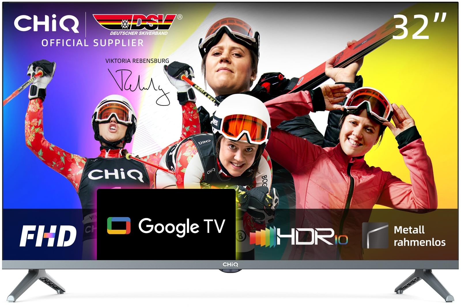 CHIQ L32H8CG 32 Zoll TV, Smart TV, FHD, Rahmenlos Metallschwarz, HDR10&HLG, Triple Tuner(DVB-T2/S2/C), Google Play, 1.5G RAM+8G ROM, Chromecast, 2.4/5G WiFi, Google Assistant, HDMI, USB, CI, Kopfhörer