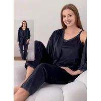 fashionshowcase Hausanzug 3 teiliger Pyjama Schlafanzug mit Morgenmantel 100% Samt blau S/M (34-36)