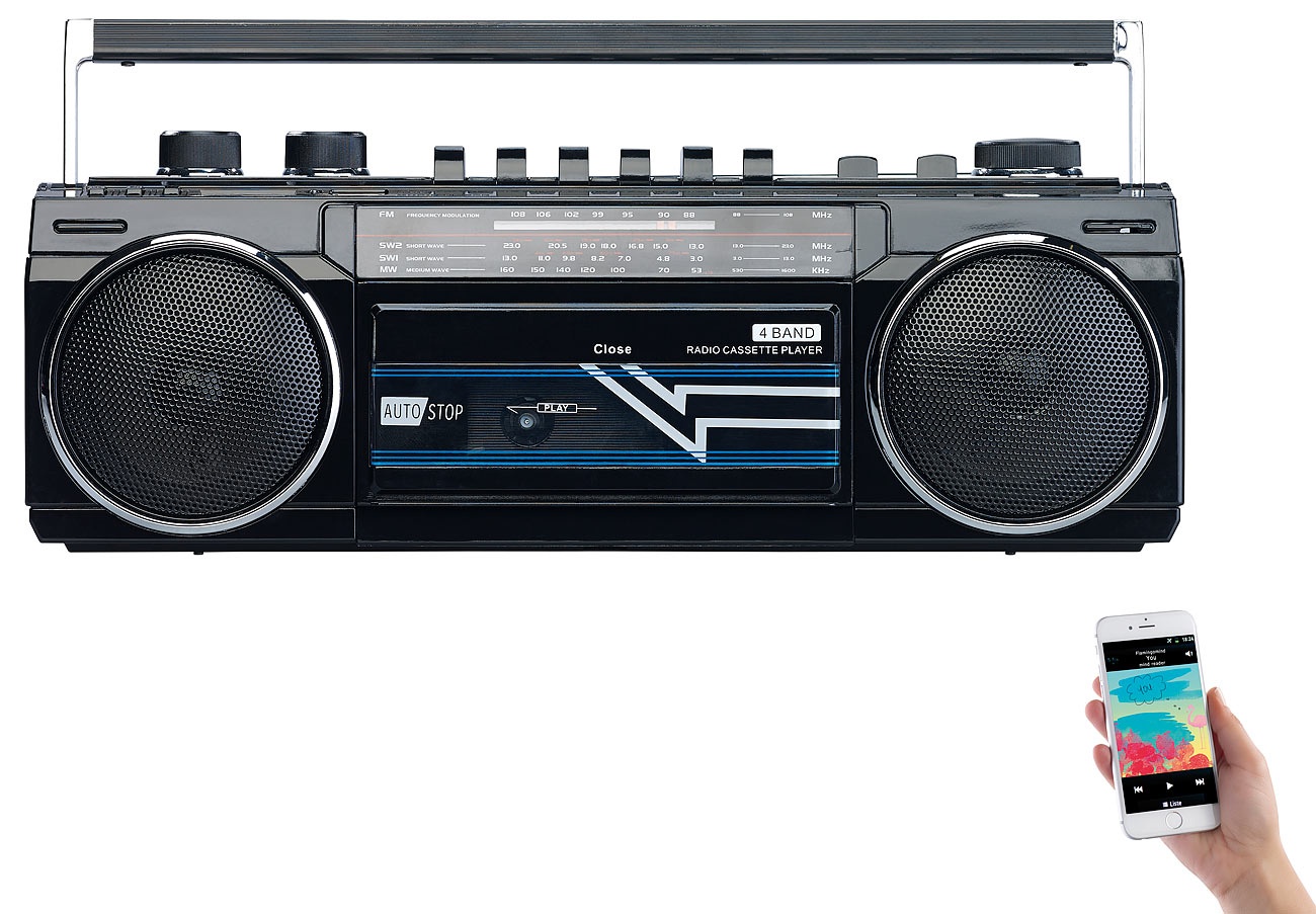 Retro-Boombox mit Kassetten-Player, Radio, USB, SD & Bluetooth, 8 Watt
