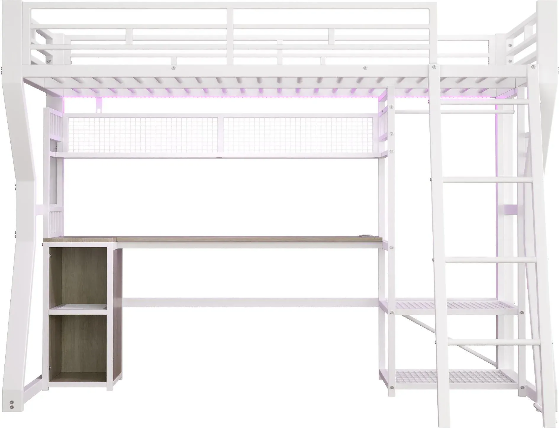 Hochbett für 90×200 cm Matratze, Staufächern und offenem Raum unter dem Bett, ohne Matratze, 204x131,5x180 cm, Weiß