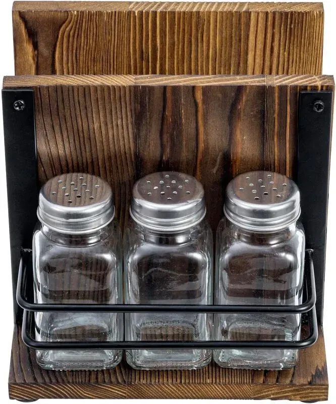 MyGift Serviettenhalter für Tisch Rustikaler Verbrannter Massivholz Tisch-Serviettenhalter und Gewürz-Server Essens-Caddy mit 3 Salz- und Pfefferstreuern, Besteck- und Gewürzglas-Halterung, 4-teiliges Set