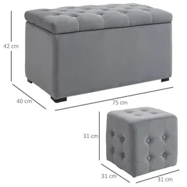 Homcom 3 tlg. Sitzbank mit Stauraum und 2 Sitzhocker Faltbar Hellgrau 75 x 40 x 42 cm