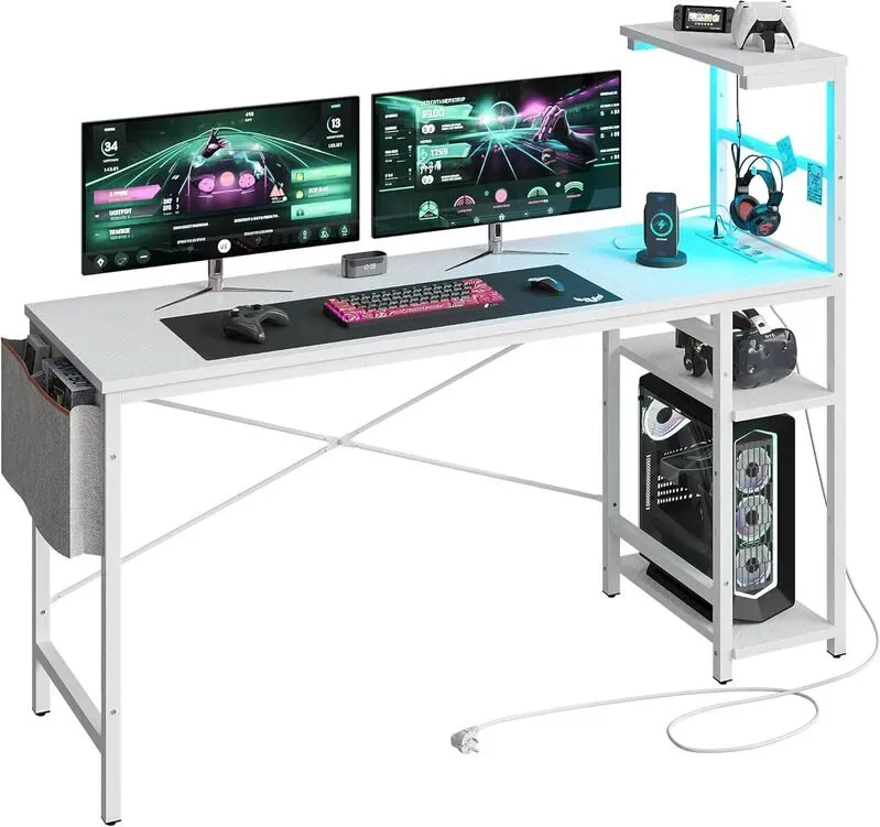 Bestier 155 cm Eck-Computertisch mit Steckdosen, Computertisch mit LED-Beleuchtung, Reversibler Tisch mit Seitentasche, Aufbewahrungstasche & Zubehörhaken für Home Office, kleine Räume, Weiß