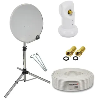 PremiumX Camping Satelliten-Komplettanlage 45cm Satelliten-Schüssel SAT Single LNB Ständer Dreibein-Stativ 10m Kabel 2x F-Stecker