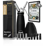 B-ARS Sahnespender Aluminium Hochwertiger SCHWARZ 500 ml Mit Edelstahl-Düsen Perfekt Für Desserts Schlagsahne Mousse Einfach Zu Reinigen.