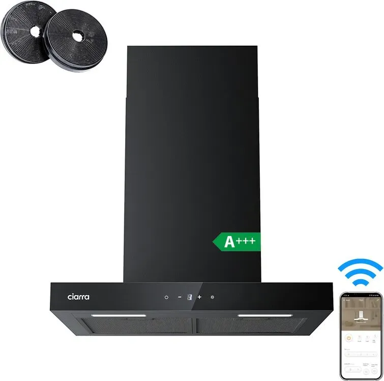 CIARRA Umluft-Dunstabzugshaube, 60 cm, WLAN- und App-Touch-Steuerung, 650 m3/h, Wandmontage, 4 Geschwindigkeitsstufen mit Booster, schwarze Aluminiumfilter, Energieklasse A+++