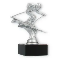 Pokal Kunststofffigur Ski Abfahrt silbermetallic auf schwarzem Marmorsockel 14,6cm