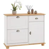 IDIMEX Schuhkipper Colmar, Weiß/Braun - schmaler Schuhschrank mit Schublade, 2 Klappen und 1 Tür, Flurschrank im Landhausstil, Muschelgriffe aus Metall, Kiefer Massivholz