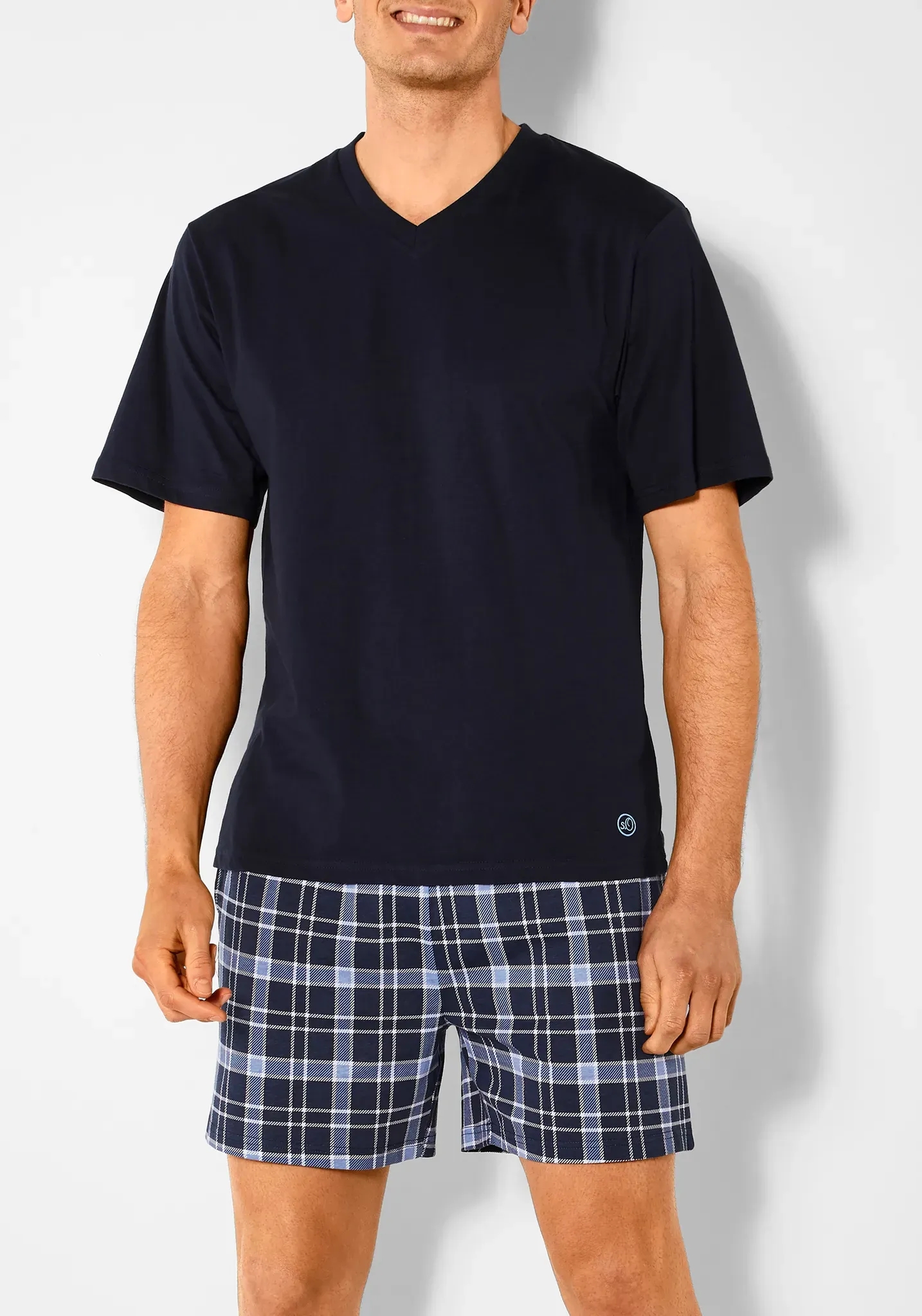 Pyjama S.OLIVER, Herren, Gr. 52/54, blau (marine, blau, kariert), Jersey, Obermaterial: 100% Baumwolle, kariert, Basic, bequem kurz, V-Ausschnitt, abgesteppte Kante, Homewear-Sets Pyjama, mit seitlichen Eingrifftaschen