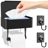 BDHYYM Toilettenpapierhalter Schwarz Matt,Klopapierhalter Ohne Bohren mit 2 Klebehaken,Klopapierhalter Schwarz mit Feuchttücherbox Edelstahl,Toilettenpapierhalter mit Ablage,Selbstklebend or Bohren