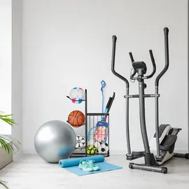 Relaxdays Ballständer, 3 abnehmbare Ballhalterungen, für Basketball, Fußball, Sportgeräteregal mit Korb, Metall, schwarz