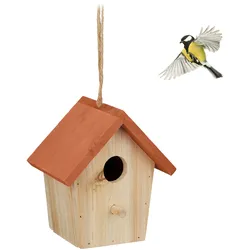 Relaxdays Deko Vogelhaus, Holz, Vogelhäuschen zum Aufhängen, HBT: 16x15x11 cm, Vogelvilla Garten, Balkon, natur/orange