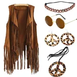 Hippie Kostüm Damen Set Fransen ärmellos Weste Hippie Kleidung Damen 60er 70er Jahre Bekleidung Braun Fransenweste Hippie Accessoires Brille Kette Haarband Ohrringe Für Damen Mädchen Disco Outfit,XXL