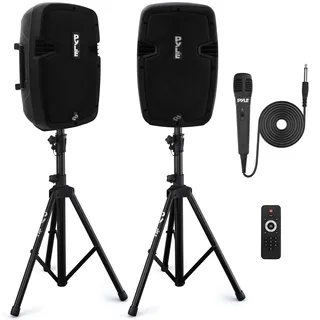 Pyle Musikbox Bluetooth Groß, PA Anlage, 2x Soundbox- Aktive & Passive Lautsprecher, Partybox, PA Komplettset- Inkl. Mikrofon, 2 Boxenständer & Fernbedienung, DJ Lautsprecher- USB/SD/MP3/AUX Eingang