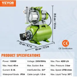 Vevor Gartenpumpe 1300W Bewässerungspumpe max. Durchfluss 4200L/h Kreiselpumpe max. Förderhöhe 45m Brunnenpumpe 3bar Flachbrunnenpumpe 2750U/min...