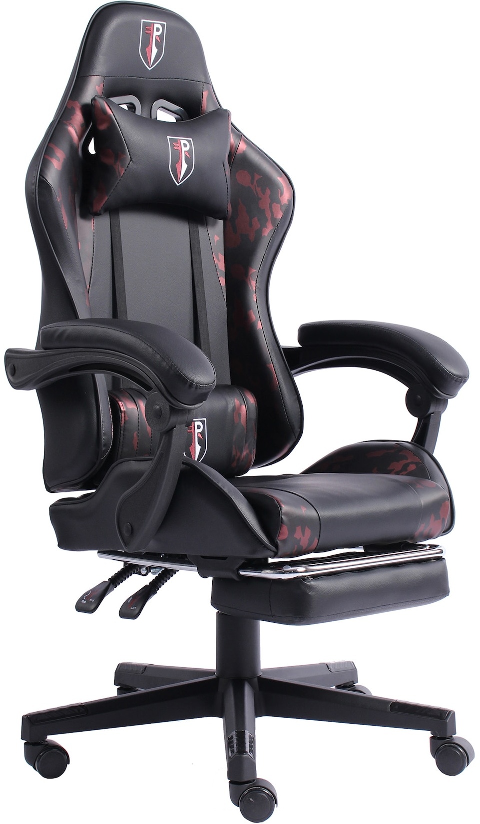 Gaming Chair im Racing-Design mit flexiblen gepolsterten Armlehnen - ergonomischer PC Gaming Stuhl in Lederoptik - Gaming Schreibtischstuhl mit ausziehbarer Fußstütze und extra Stützkissen