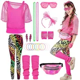 80er Jahre Outfit Damen Hose Set- Retro Trainingsanzug 90er Kostüm Off Shoulder Neon Netzshirt Sexy Fasching Netzoberteil Accessoire T-Shirt, Weste,Hose,Stirnband,Ohrring für Karneval Mottoparty-L