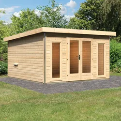 Karibu Aktionsangebot (inkl. 100 Euro Zubehör): Holz Gartensauna / Saunahaus "Mainburg 3",naturbelassen,369 x 369 x 229 cm (B x T x H), 3 Bänke