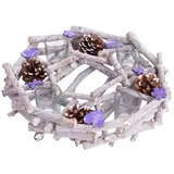 Mendler Adventskranz rund mit Teelichthaltern, Weihnachtsdeko Adventsgesteck, Holz Ø 30cm lila-grau