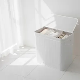Relaxdays Wäschekorb mit Deckel, 150 l, 3 Fächer, HxBxT: 61,5 x 61 x 41,5 cm, Badezimmer Wäschetruhe, Weiß
