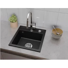 QLS Spülbecken 44x44 cm Granit mit automatischem Siphon Bella Schwarz 1-Becken 11180 - Schwarz