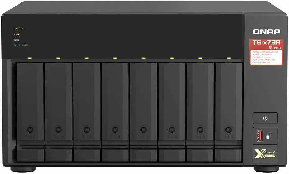 QNAP 8-bay NAS AMD Ryzen Embedded V1500B 2.2GHz 8GB 8xSATA 6Gb/s bays 2xM.2 NVMe PCIe Gen3 SSD slots 2x2.5GbE LAN optional 10GbE