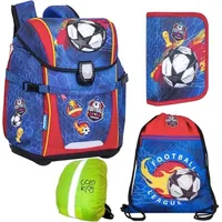 Goldkids Schulranzen Schulranzen-set Football Fußball Ranzen Kinderrucksack, Federmappe, Schuhbeutel, Regenschutz Motivdruck Fußball 4-teilig - Blau/Rot/Bunt