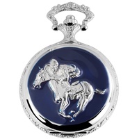 Excellanc Motiv Taschenuhr Reiter Pferd Motiv + Kette und Clip Weiß Blau Silber Sprungdeckel Analog Quarz 9480822000038