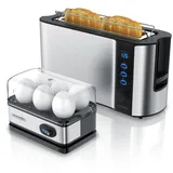 Arendo Frühstücks-Set, 6er Eierkocher + 2-Scheiben Langschlitz Toaster FRUKOST, Silber