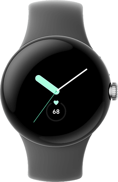 Google Pixel Watch – Android-Smartwatch mit Aktivitätsaufzeichnung – Smartwatch mit Herzfrequenz-Tracker – Edelstahlgehäuse in Polished Silver mit Sportarmband in Charcoalan, Wifi