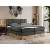 MKS Meble King Boxspringbett 180x200 mit Bettkasten Eiche, Polsterbett 180x200 mit Matratze H3, Bett 180x200 mit Rahmen in Wotan Eiche und Kopfteil... - Dunkelgrau