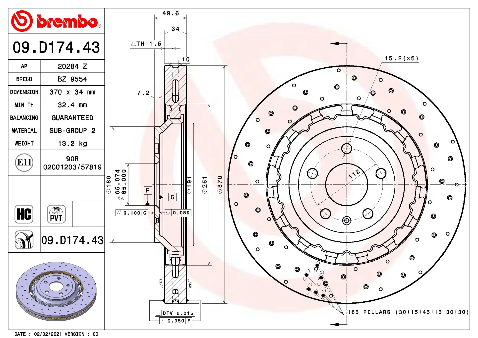 BREMBO Bremsscheibe vorne rechts links Gelocht/innenbel. 370mm für AUDI 8S0615301L 8S0615301C 8S0615301E 09.D174.43