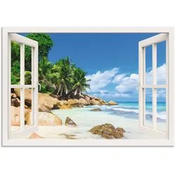 Wandbild ARTLAND "Küste mit Palmen durchs Fenster", blau (farbe bild(er): blau), B:70cm H:50cm, Bilder, als Alubild, Outdoorbild, Leinwandbild, Poster, Wandaufkleber